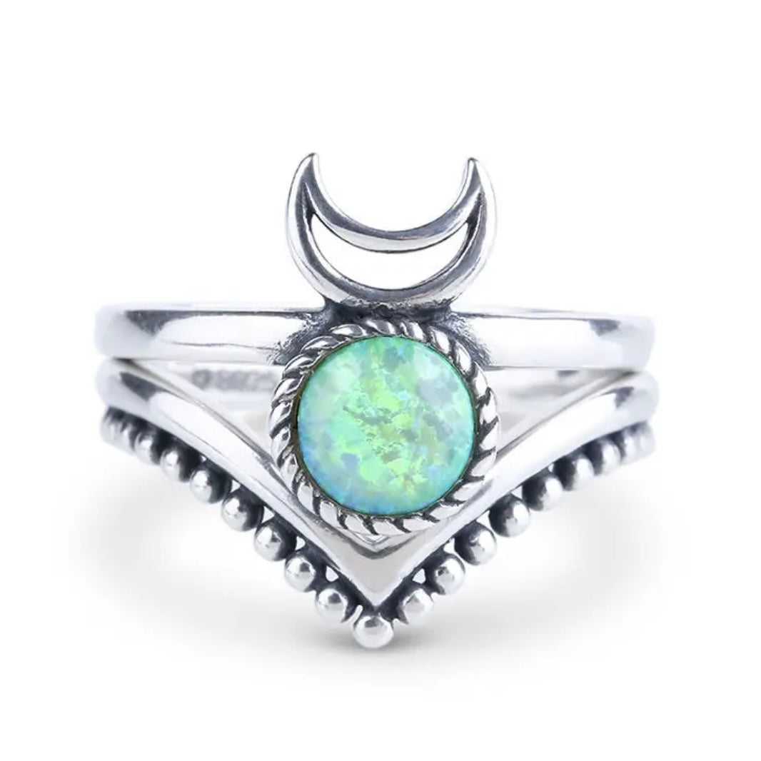 925 Solid Sterling Silver OPAL chevron V-shaped 2 stackable crescent moon boho-style elegant ring RETAIL $135