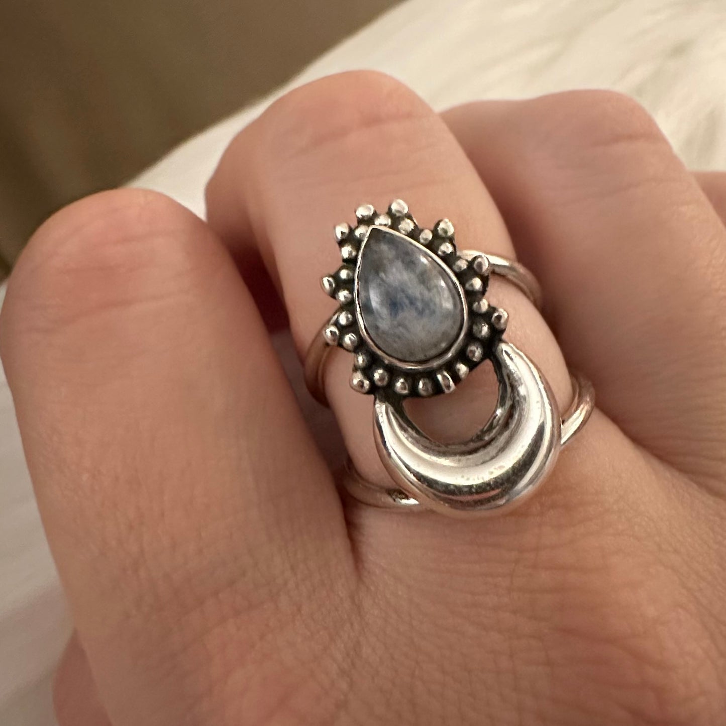 925 solid sterling silver Crescent half-Moon boho-style RAINBOW MOONSTONE teardrop gemstone split shank ring sizes 6.5, 7, 7.5. RETAIL $65 (See photos)