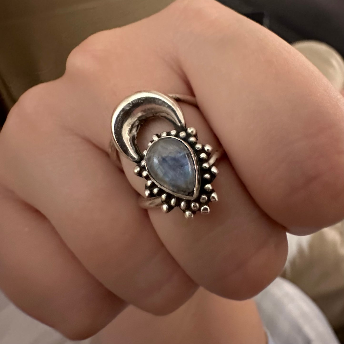 925 solid sterling silver Crescent half-Moon boho-style RAINBOW MOONSTONE teardrop gemstone split shank ring sizes 6.5, 7, 7.5. RETAIL $65 (See photos)