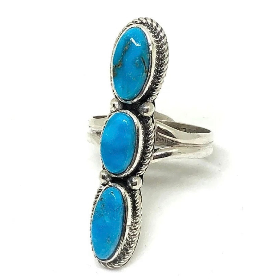 925 Solid Sterling Silver triple 3-stone long southwestern Native American/Indian boho Navajo-style blue ARIZONA TURQUOISE ring size 7, 7.5, and 8. RETAIL $120 (See photos)