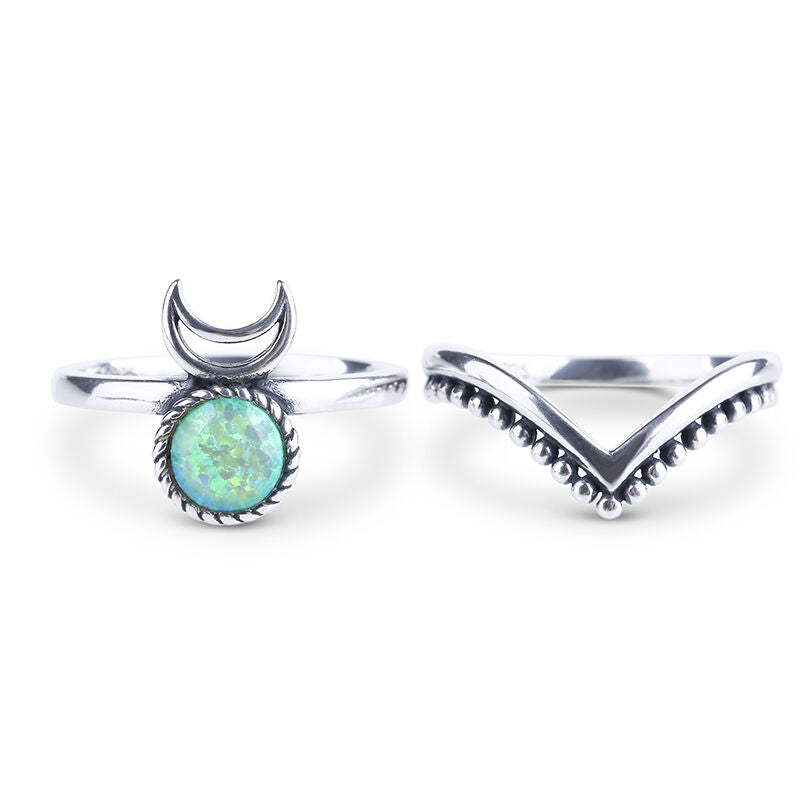 925 Solid Sterling Silver OPAL chevron V-shaped 2 stackable crescent moon boho-style elegant ring RETAIL $135