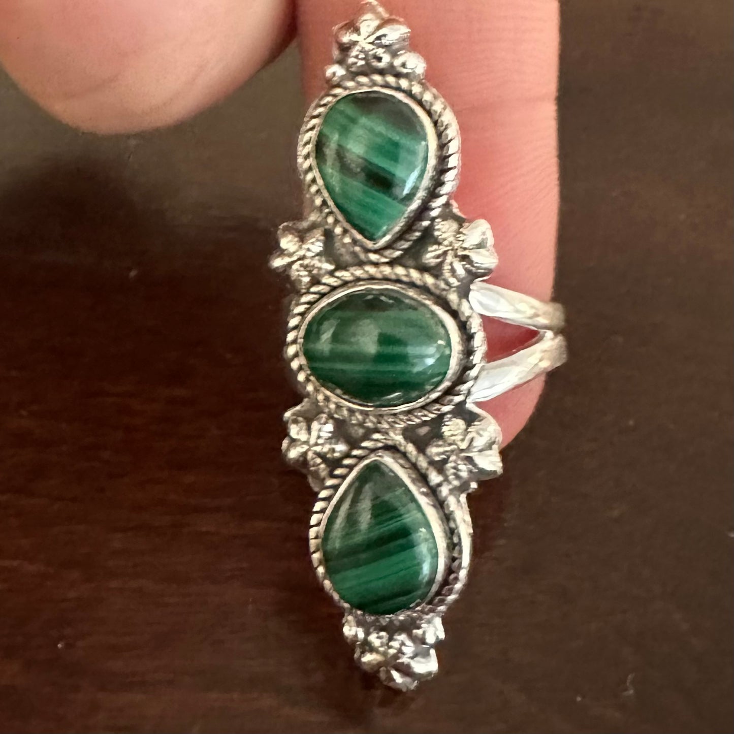 925 solid sterling silver semi-adjustable 3-stone long boho-style marbled green MALACHITE gemstone ring fits size 7 8 9 10