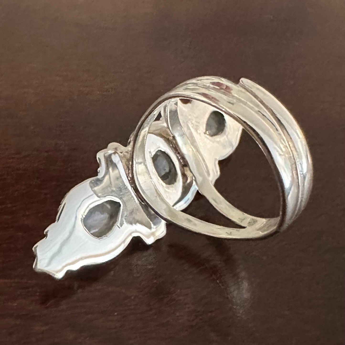 925 solid sterling silver semi-adjustable 3-stone long boho-style RAINBOW MOONSTONE gemstone ring fits size 7 8 9 10
