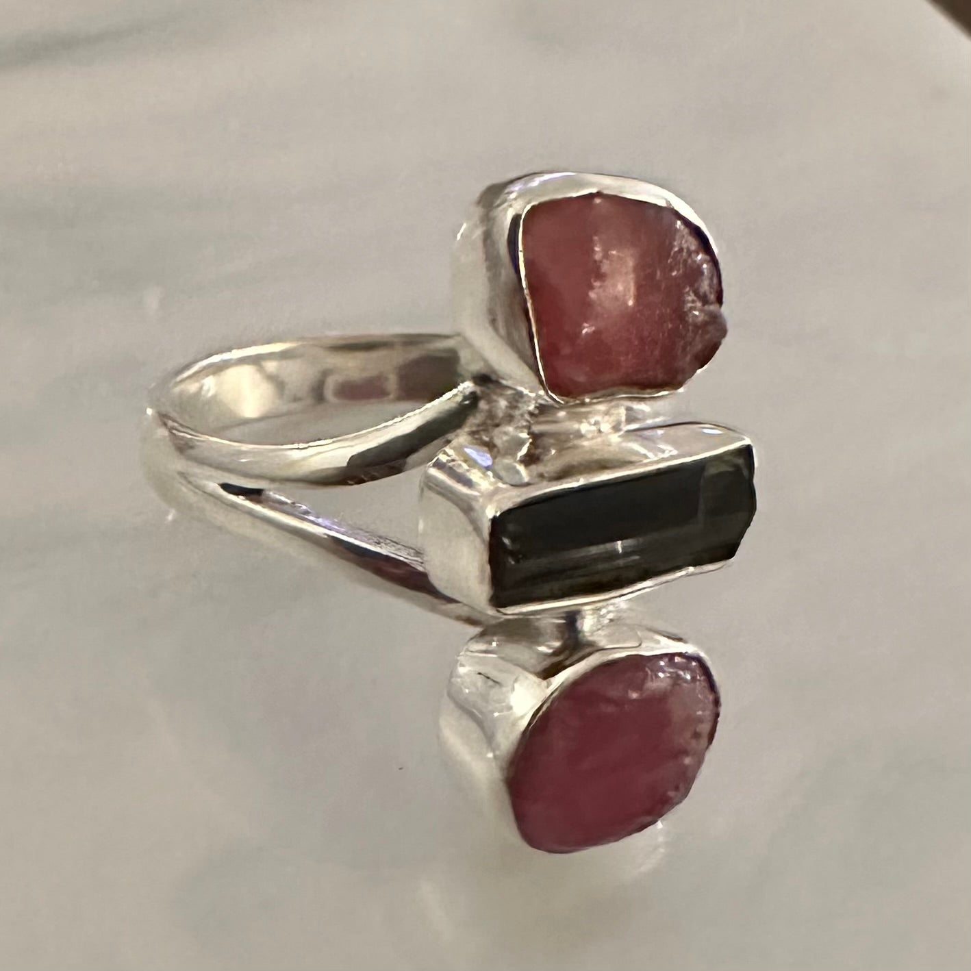 925 solid sterling silver 3-stone natural rough/raw PINK RUBY & TOURMALINE ring size 8, 8.5, 9