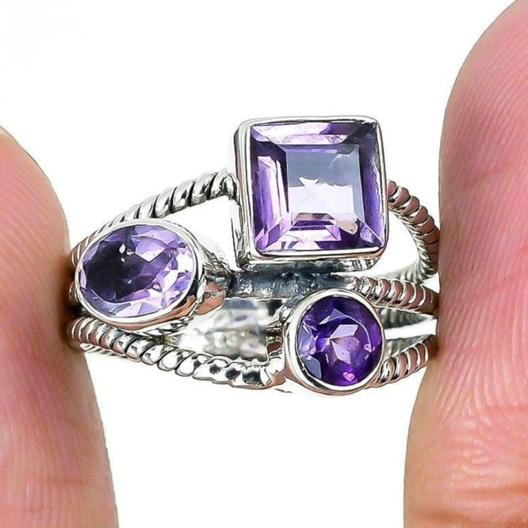 925 solid sterling silver AMETHYST multi roped 3-row/band/layer semi-adjustable boho-style gemstone ring size 7 8 9 10.