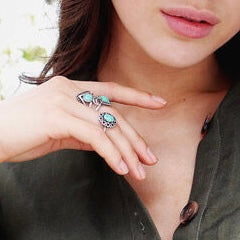 925 Solid Sterling Silver OPAL chevron V-shaped 2 stackable crescent moon boho-style elegant ring RETAIL $135