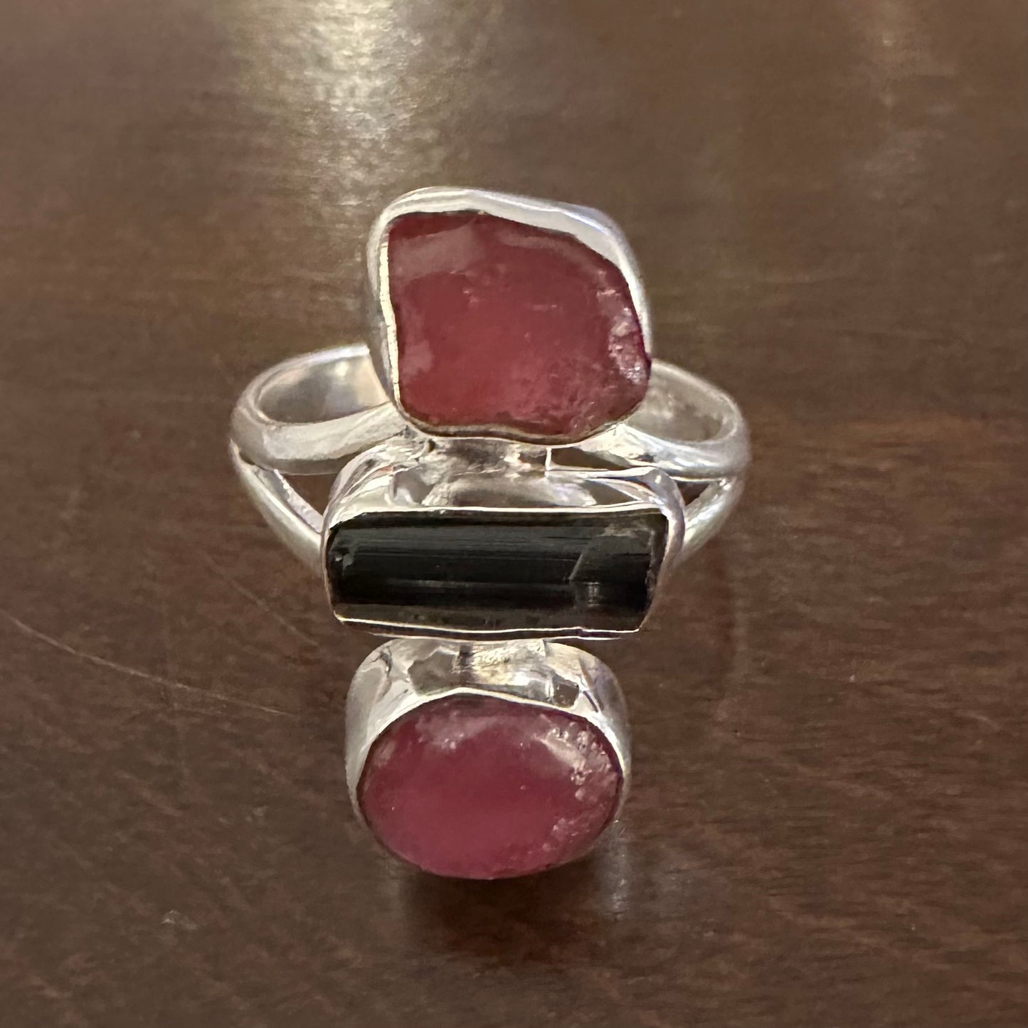 925 solid sterling silver 3-stone natural rough/raw PINK RUBY & TOURMALINE ring size 8, 8.5, 9