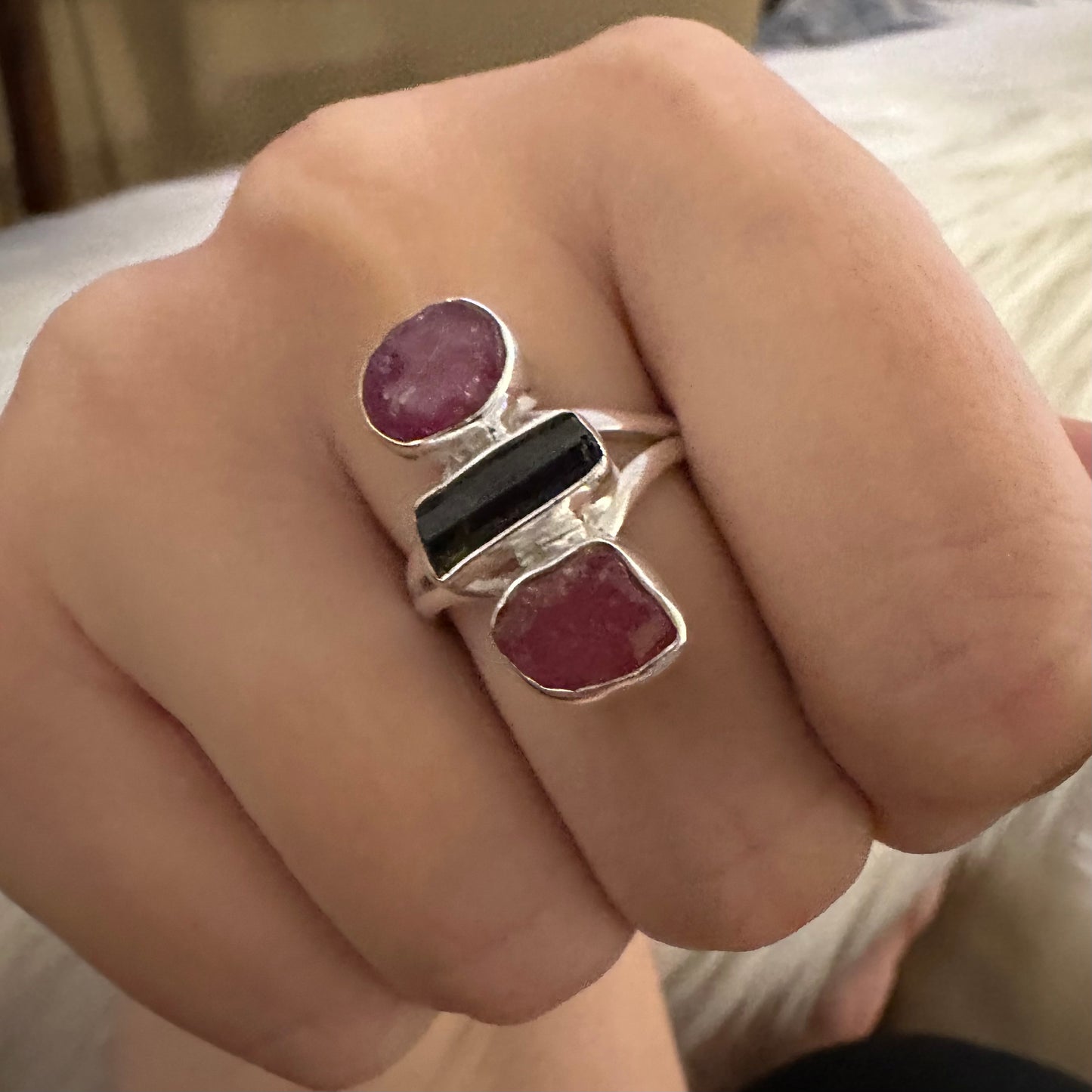 925 solid sterling silver 3-stone natural rough/raw PINK RUBY & TOURMALINE ring size 8, 8.5, 9