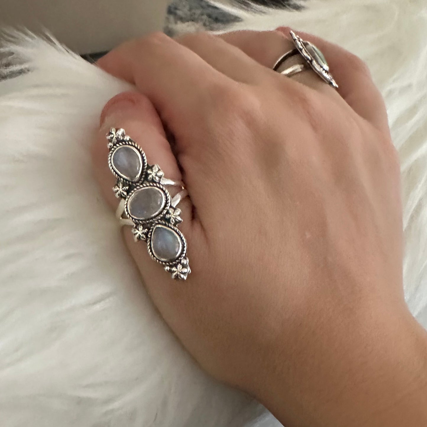 925 solid sterling silver semi-adjustable 3-stone long boho-style RAINBOW MOONSTONE gemstone ring fits size 7 8 9 10