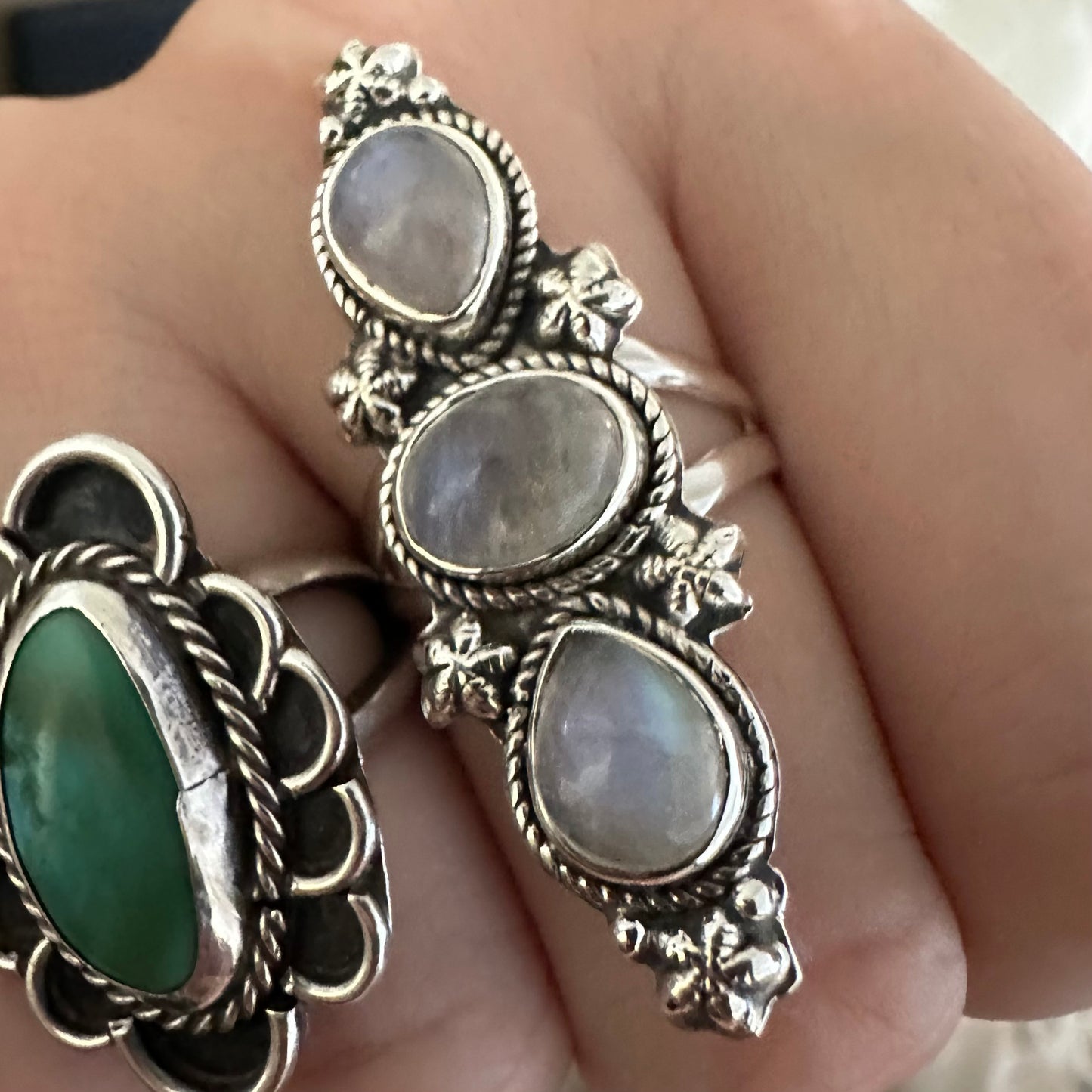 925 solid sterling silver semi-adjustable 3-stone long boho-style RAINBOW MOONSTONE gemstone ring fits size 7 8 9 10
