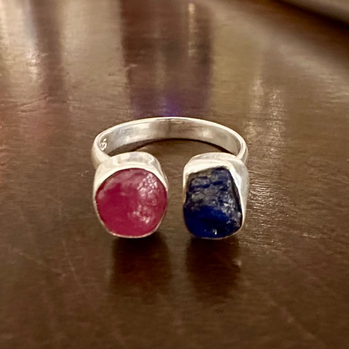 925 Silver rough/raw PINK RUBY, SAPPHIRE semi-adjustable 2-gemstone ring size 7.5, 8, 8.5