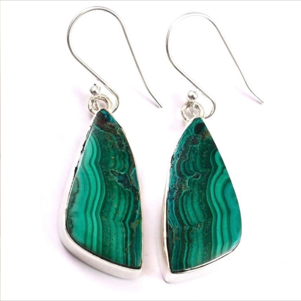 925 Sterling Silver big chunky lightweight natural MALACHITE dangle earrings