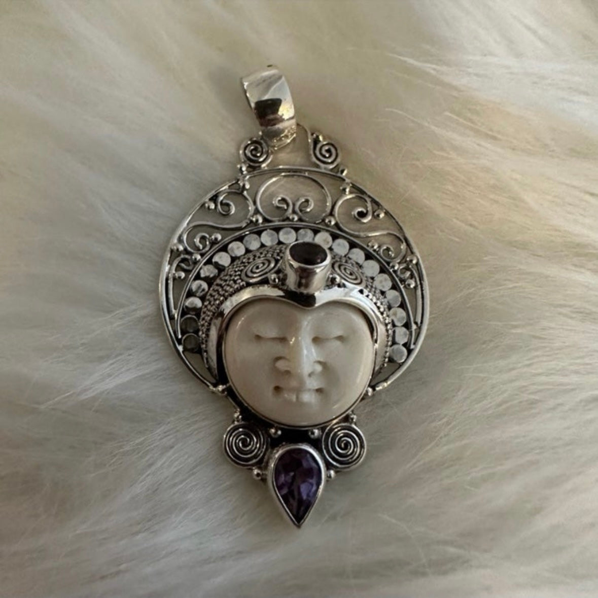 Stunning unique exotic hand-crafted artisanal solid 925 sterling silver Balinese carved bone face necklace pendant with faceted/cut Amethyst gemstones