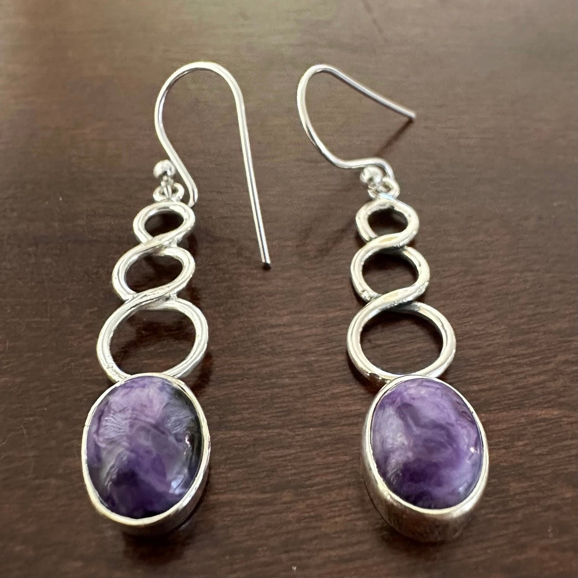 925 Solid Sterling Silver RUSSIAN CHAROITE twisty long dangle drop earrings