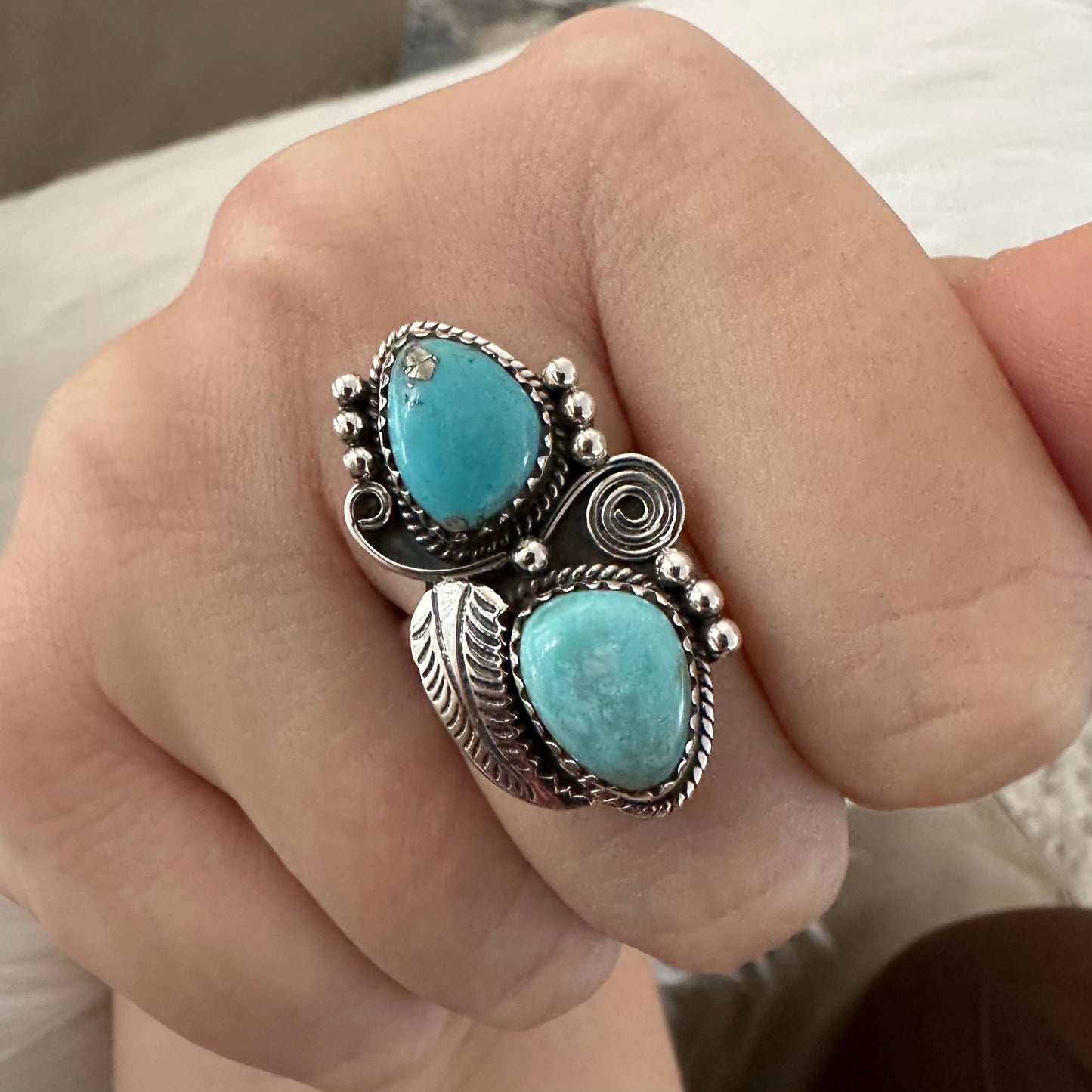Indian/Native American/Southwestern 925 Solid Sterling Silver vintage/antique blue boho-style 2-stone KINGMAN TURQUOISE ring size 6.5, 7, 7.5 or 8