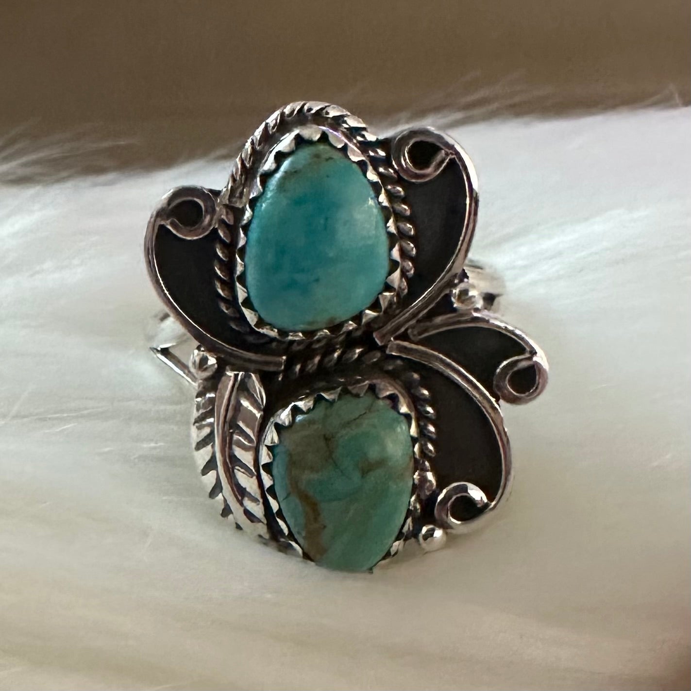 Unique Southwestern/American Indian/ Navajo boho style natural blue-green artisan hand-crafted ARIZONA MOHAVE TURQUOISE 925 sterling silver 2-stone ring size 8, 8.5, 9 or 9.5
