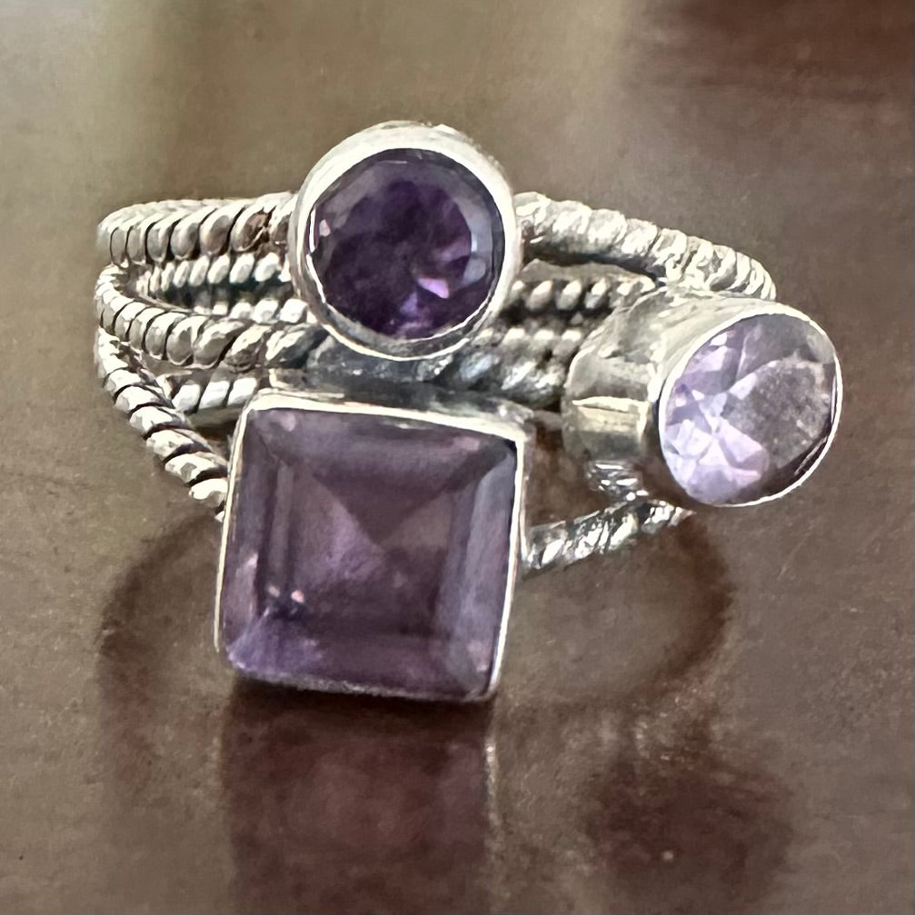 925 solid sterling silver AMETHYST multi roped 3-row/band/layer semi-adjustable boho-style gemstone ring size 7 8 9 10.