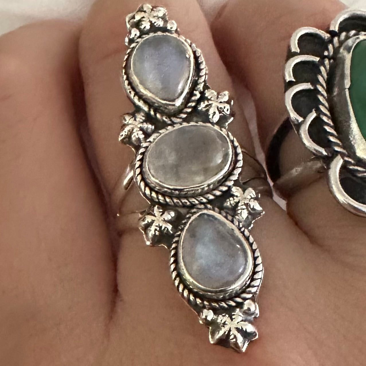 925 solid sterling silver semi-adjustable 3-stone long boho-style RAINBOW MOONSTONE gemstone ring fits size 7 8 9 10