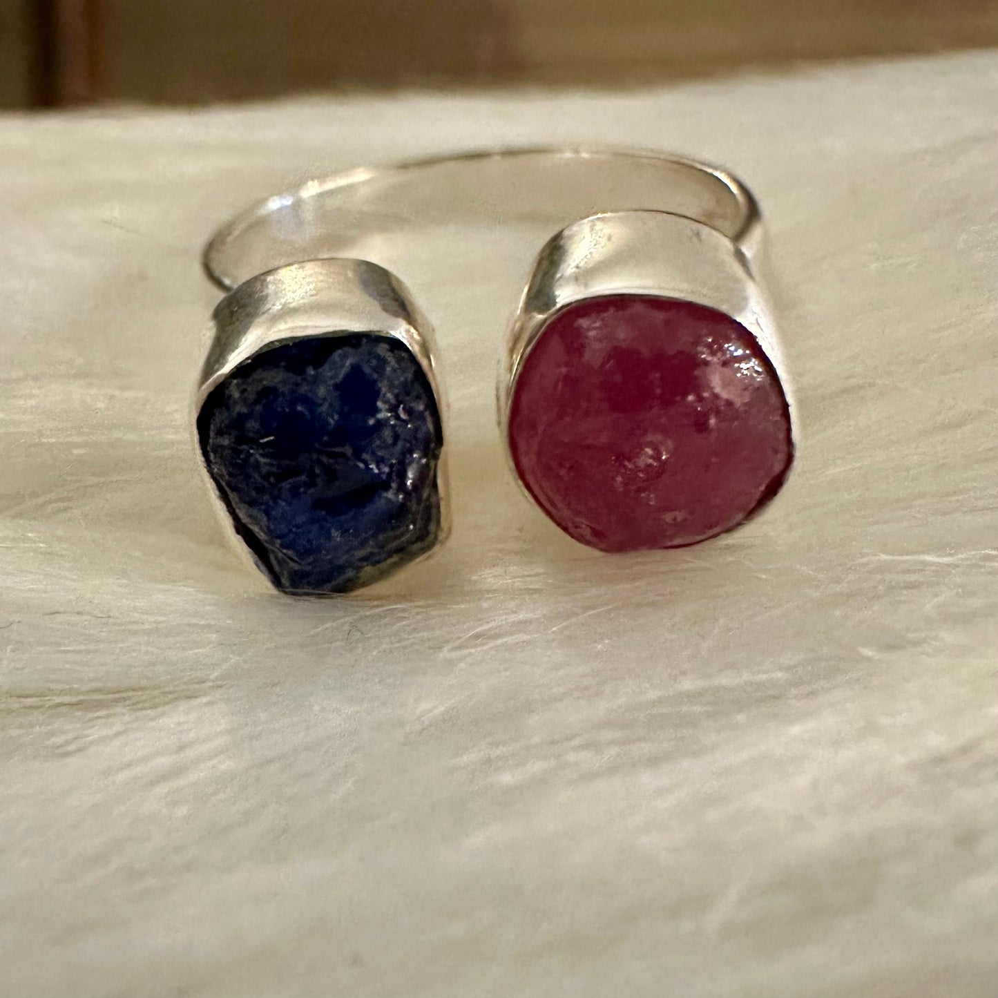 925 Silver rough/raw PINK RUBY, SAPPHIRE semi-adjustable 2-gemstone ring size 7.5, 8, 8.5