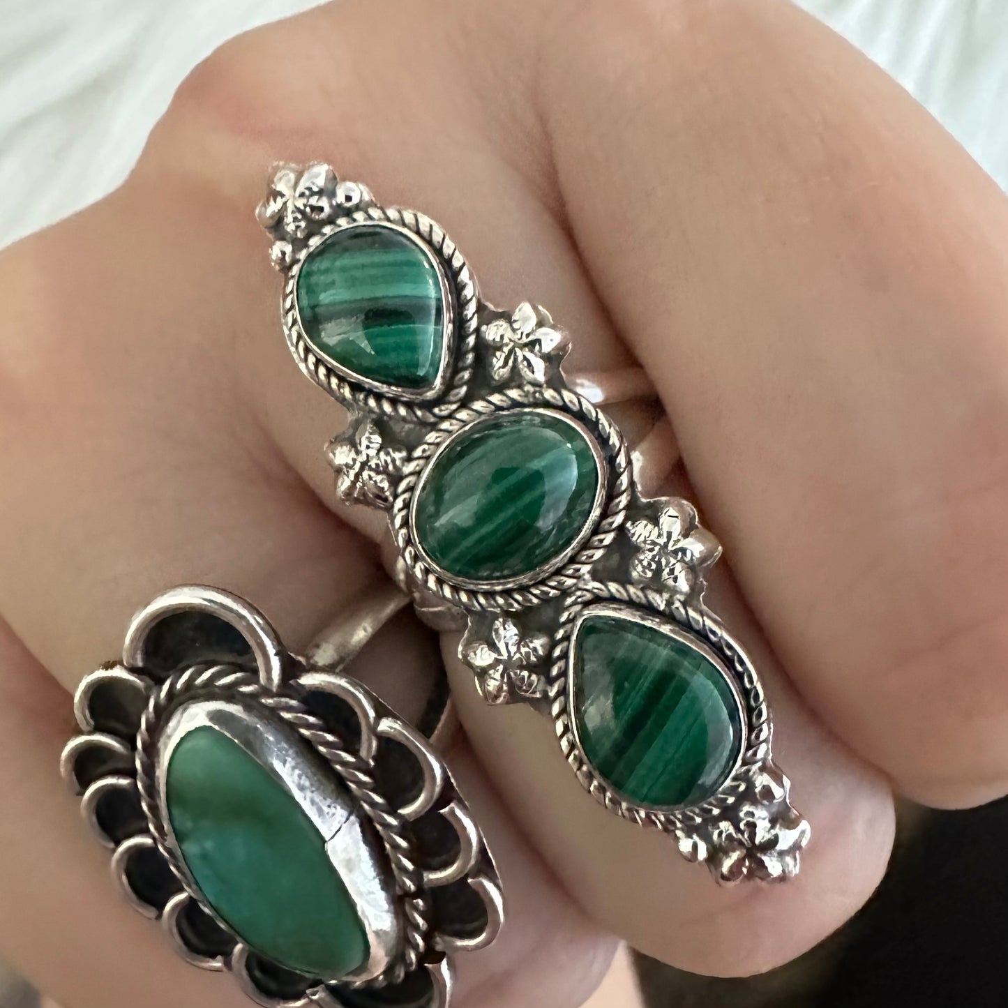 925 solid sterling silver semi-adjustable 3-stone long boho-style marbled green MALACHITE gemstone ring fits size 7 8 9 10