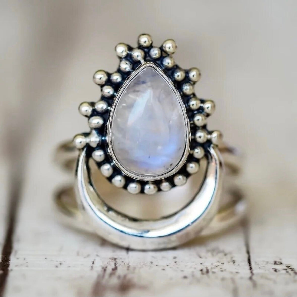 925 solid sterling silver Crescent half-Moon boho-style RAINBOW MOONSTONE teardrop gemstone split shank ring sizes 6.5, 7, 7.5. RETAIL $65 (See photos)
