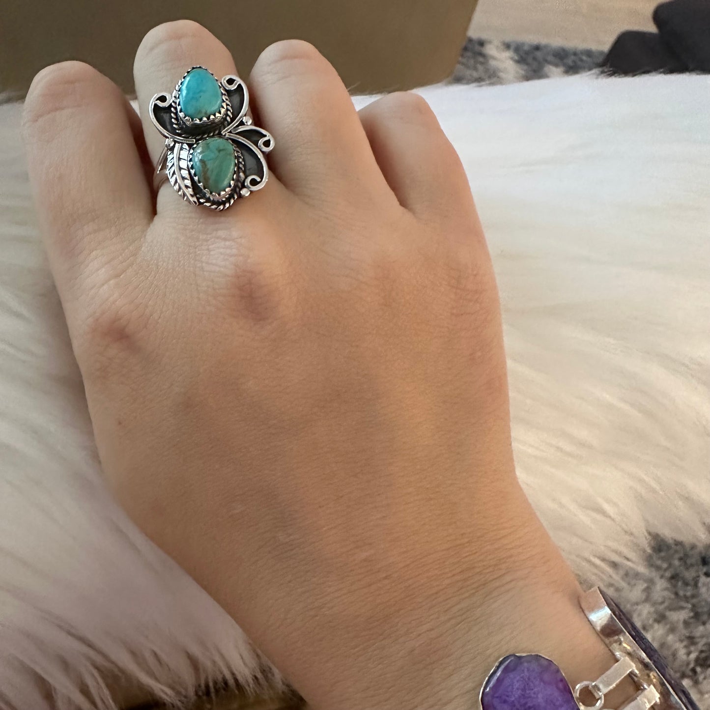 Unique Southwestern/American Indian/ Navajo boho style natural blue-green artisan hand-crafted ARIZONA MOHAVE TURQUOISE 925 sterling silver 2-stone ring size 8, 8.5, 9 or 9.5