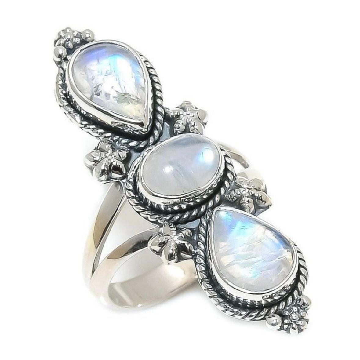 925 solid sterling silver semi-adjustable 3-stone long boho-style RAINBOW MOONSTONE gemstone ring fits size 7 8 9 10