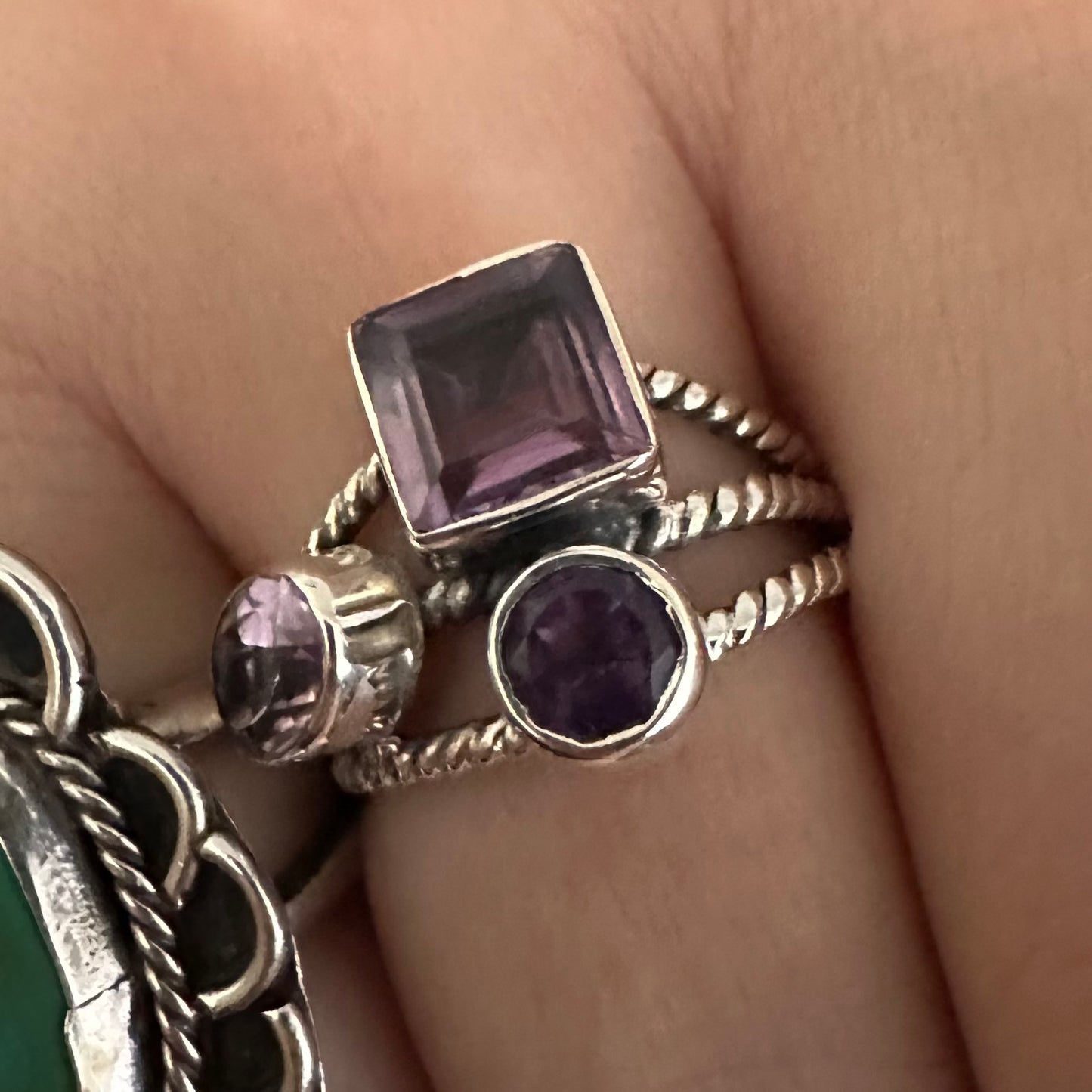 925 solid sterling silver AMETHYST multi roped 3-row/band/layer semi-adjustable boho-style gemstone ring size 7 8 9 10.