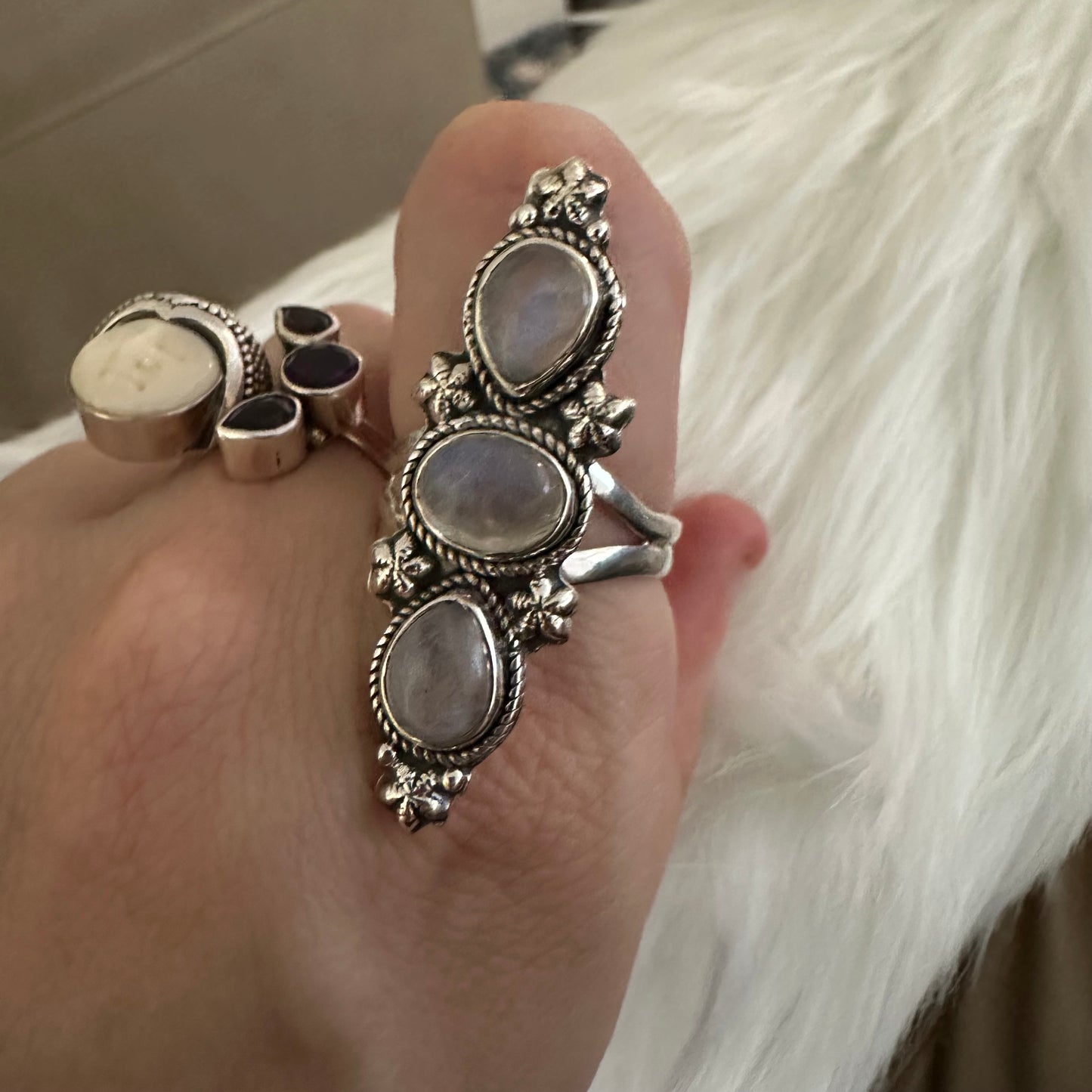 925 solid sterling silver semi-adjustable 3-stone long boho-style RAINBOW MOONSTONE gemstone ring fits size 7 8 9 10