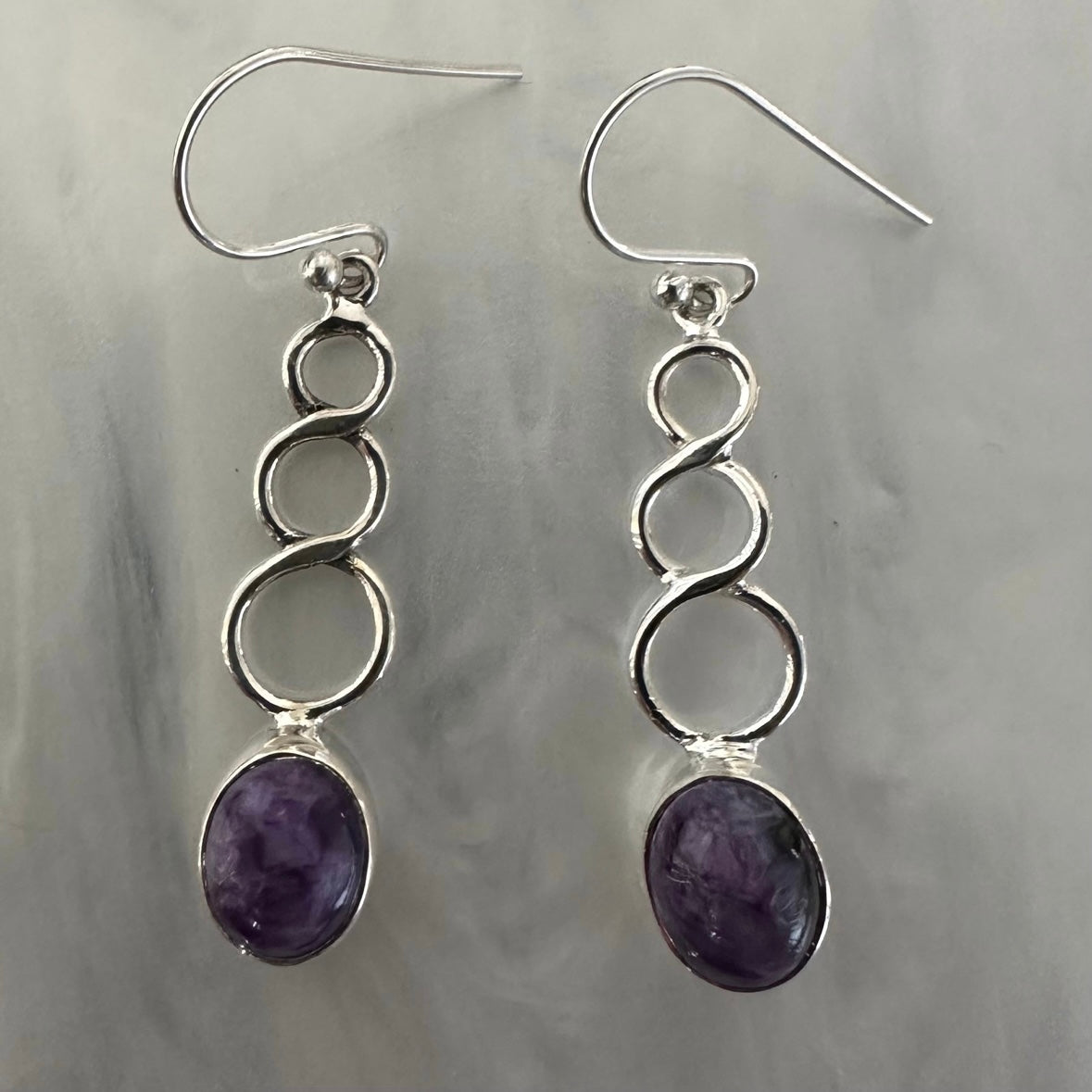 925 Solid Sterling Silver RUSSIAN CHAROITE twisty long dangle drop earrings