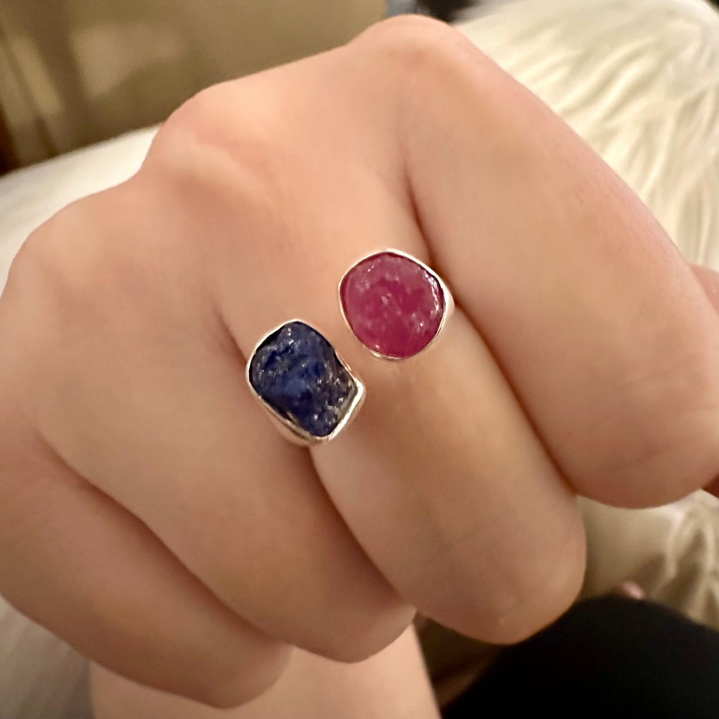 925 Silver rough/raw PINK RUBY, SAPPHIRE semi-adjustable 2-gemstone ring size 7.5, 8, 8.5