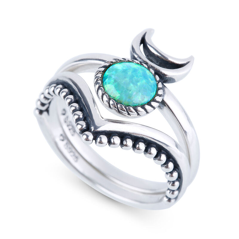 925 Solid Sterling Silver OPAL chevron V-shaped 2 stackable crescent moon boho-style elegant ring RETAIL $135