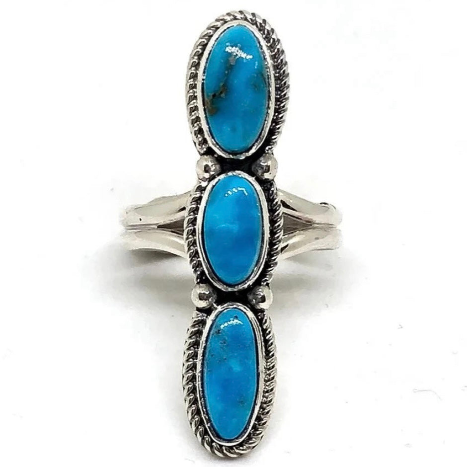 925 Solid Sterling Silver triple 3-stone long southwestern Native American/Indian boho Navajo-style blue ARIZONA TURQUOISE ring size 7, 7.5, and 8. RETAIL $120 (See photos)