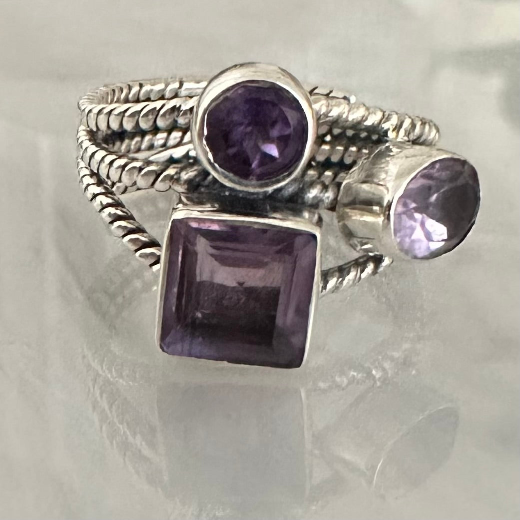 925 solid sterling silver AMETHYST multi roped 3-row/band/layer semi-adjustable boho-style gemstone ring size 7 8 9 10.
