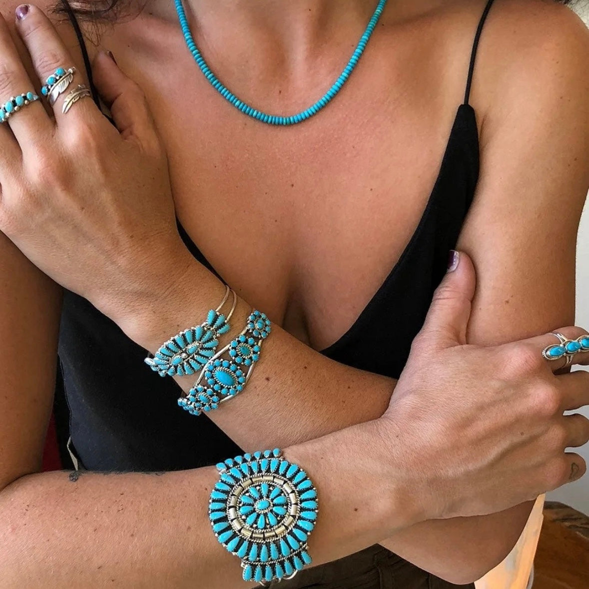 925 Solid Sterling Silver triple 3-stone long southwestern Native American/Indian boho Navajo-style blue ARIZONA TURQUOISE ring size 7, 7.5, and 8. RETAIL $120 (See photos)