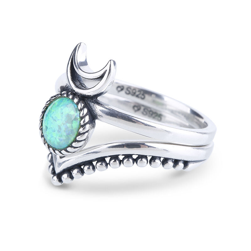 925 Solid Sterling Silver OPAL chevron V-shaped 2 stackable crescent moon boho-style elegant ring RETAIL $135