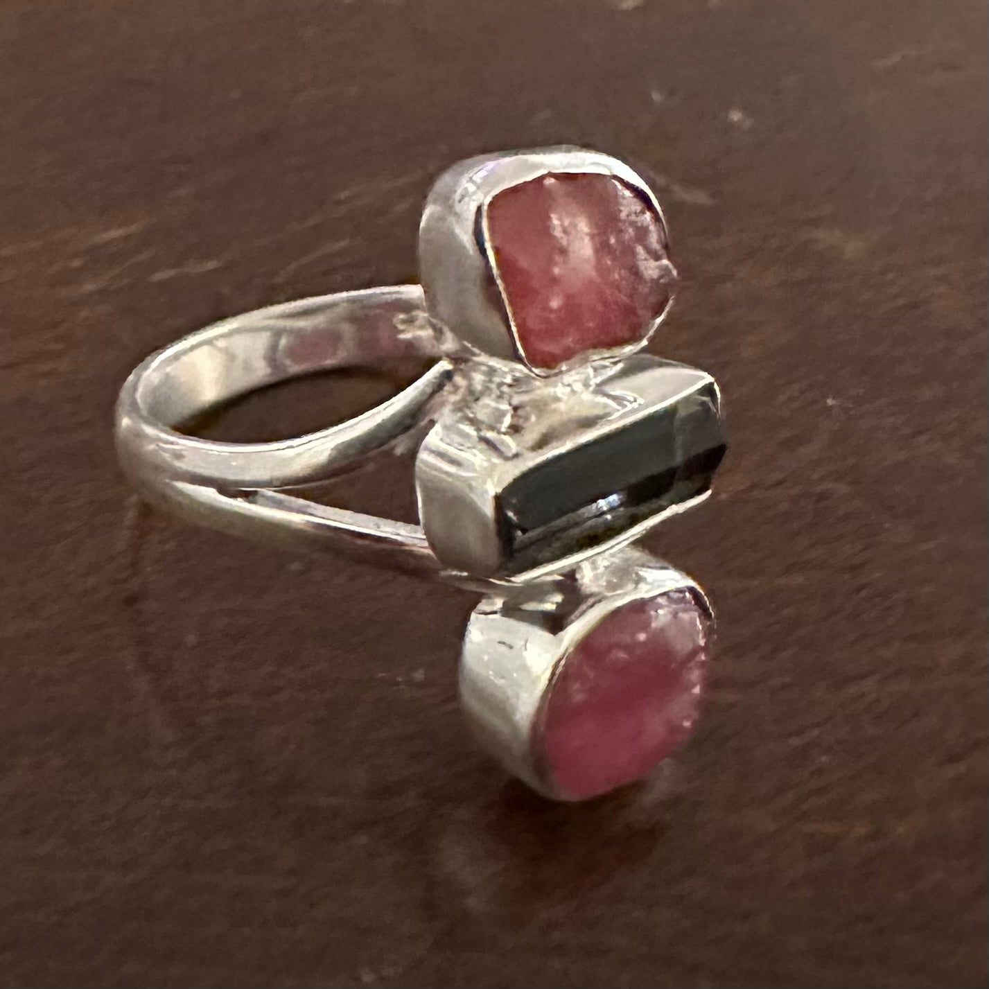 925 solid sterling silver 3-stone natural rough/raw PINK RUBY & TOURMALINE ring size 8, 8.5, 9