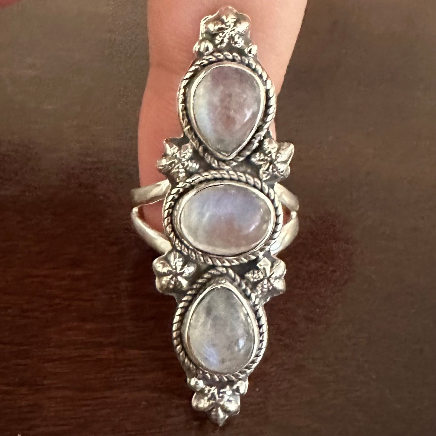 925 solid sterling silver semi-adjustable 3-stone long boho-style RAINBOW MOONSTONE gemstone ring fits size 7 8 9 10