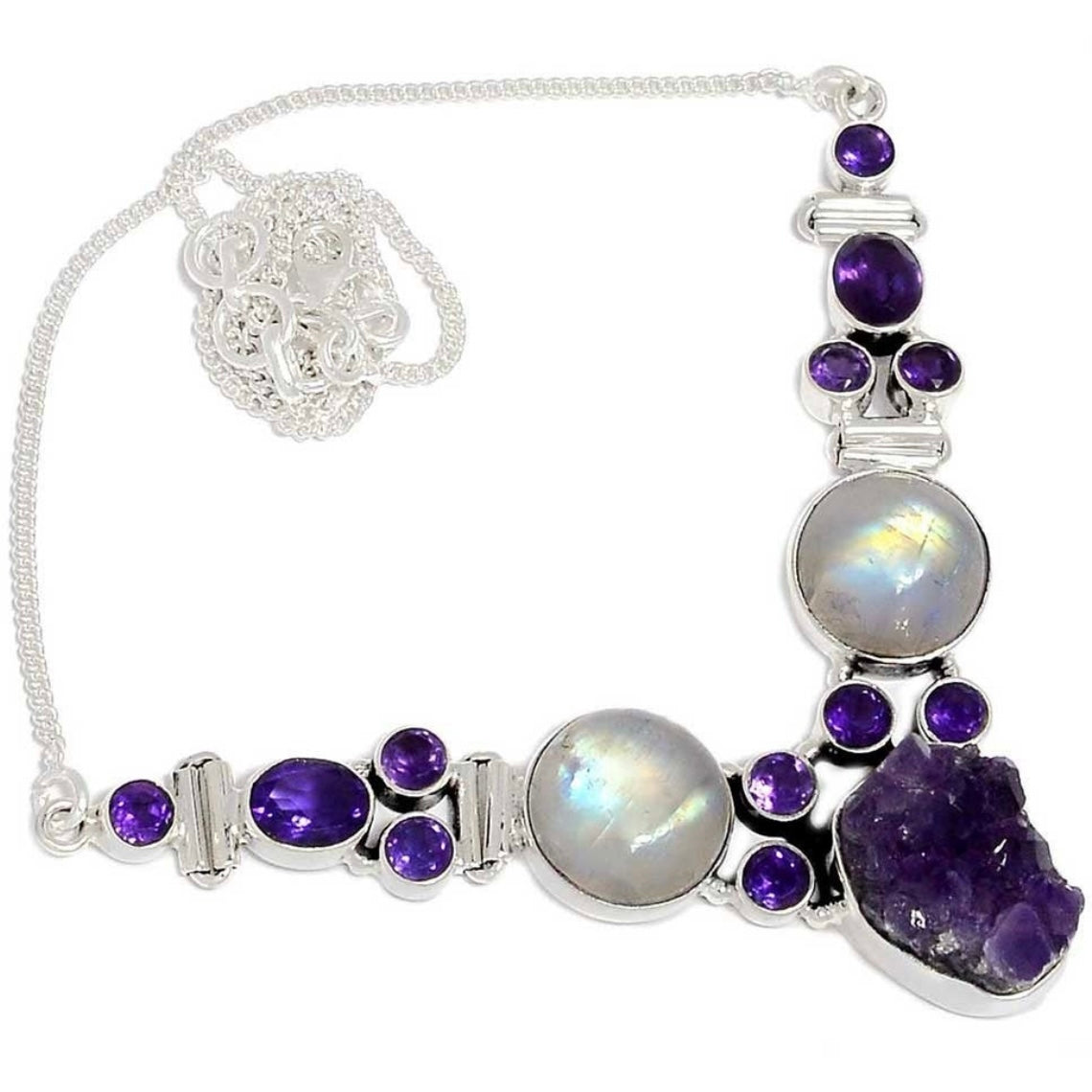 925 silver cut Amethyst & druzy geode crystals/Moonstone cluster bib necklace