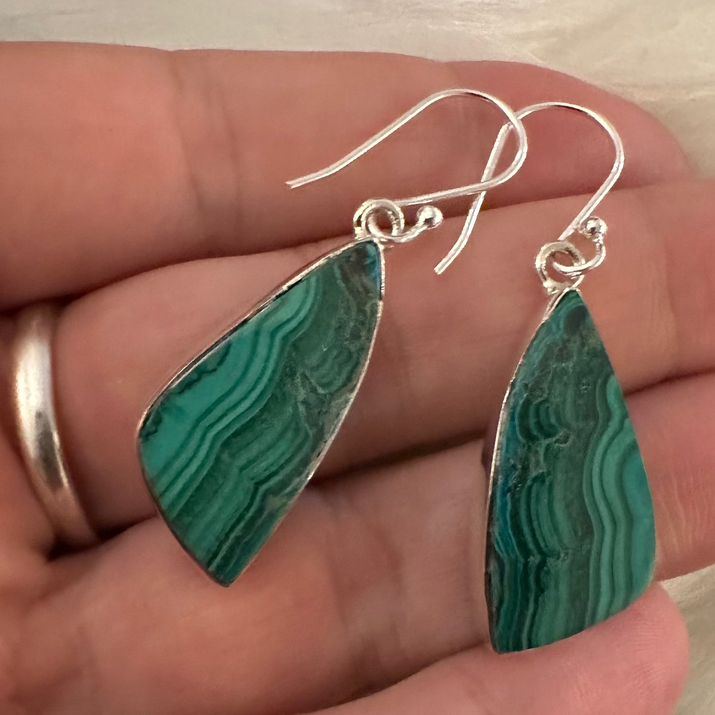 925 Sterling Silver big chunky lightweight natural MALACHITE dangle earrings