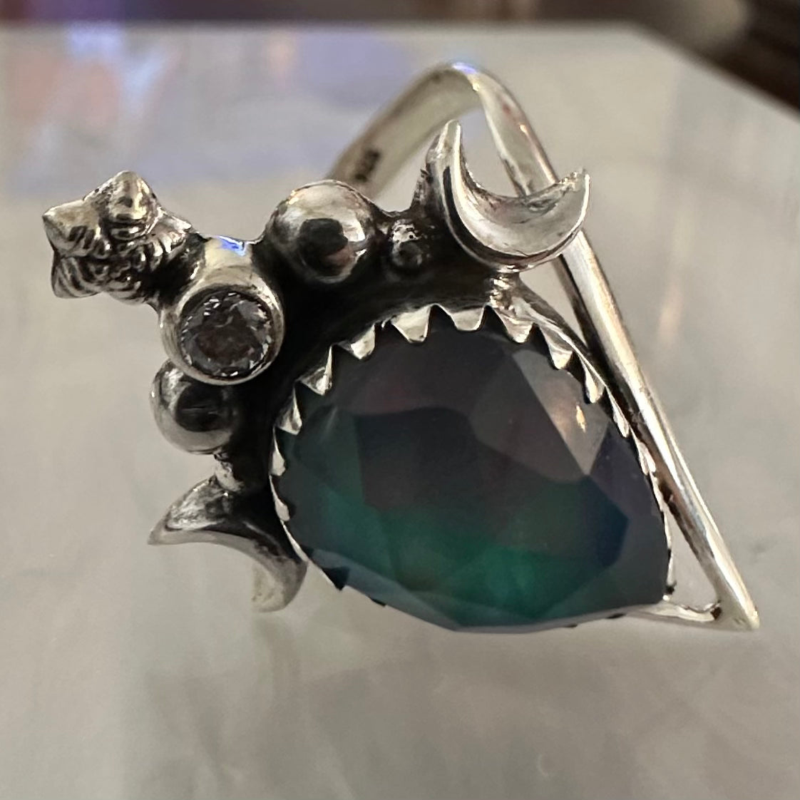 Faceted/cut AURORA (NORTHERN LIGHTS) OPAL & CZ CUBIC ZIRCONIA iridescent boho-style crescent moons & star Doublet 925 sterling silver ring size 7.5, 8, 8.5