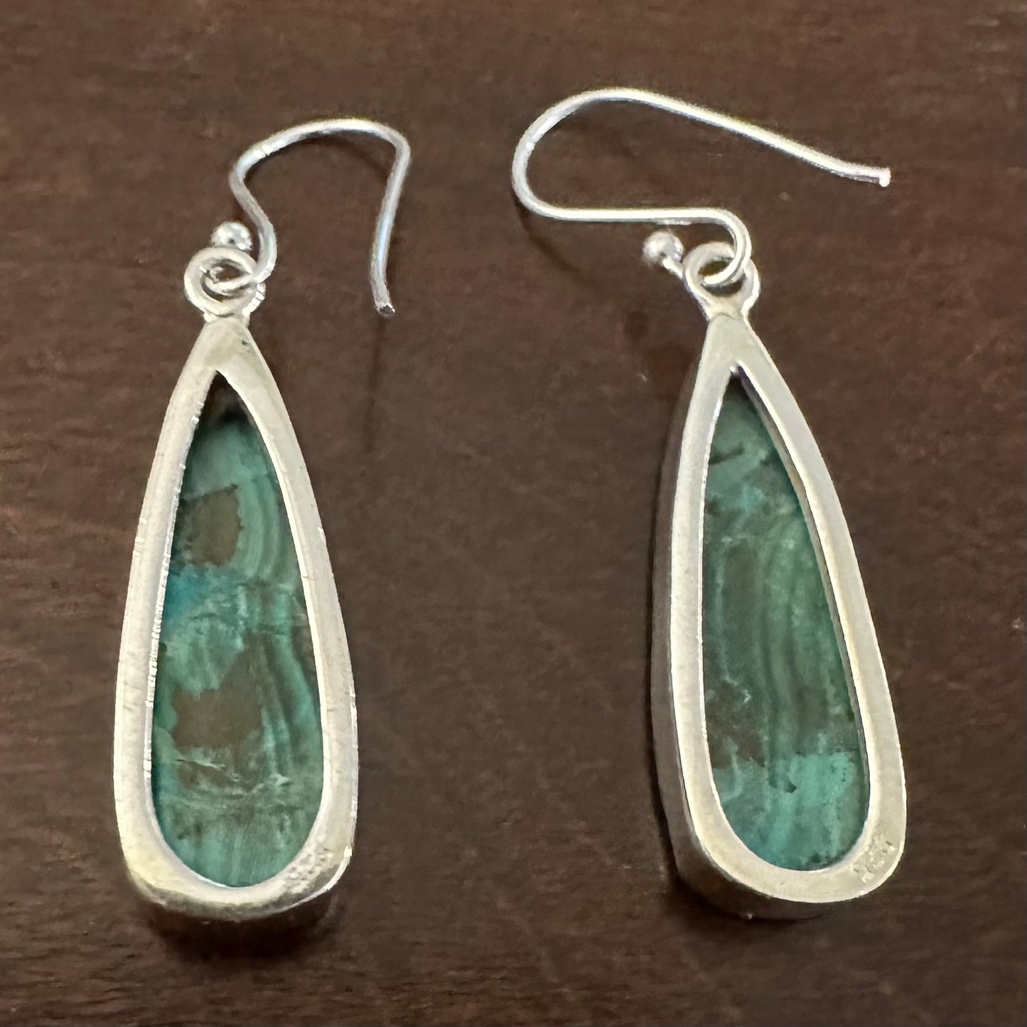 925 Solid Sterling Silver big chunky lightweight natural green marbled MALACHITE teardrop dangle earrings