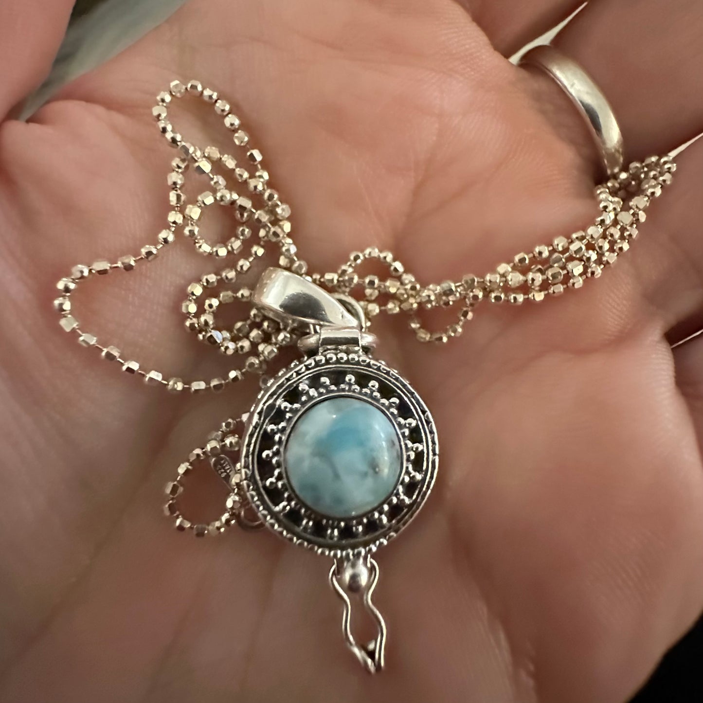 925 Solid Sterling Silver LARIMAR gemstone poison/ keepsake/ pills/ locket/ compartment/ secret/ hidden box pendant for a necklace chain