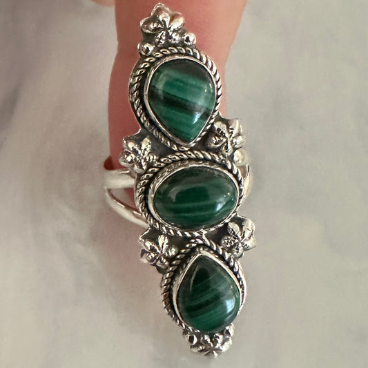 925 solid sterling silver semi-adjustable 3-stone long boho-style marbled green MALACHITE gemstone ring fits size 7 8 9 10