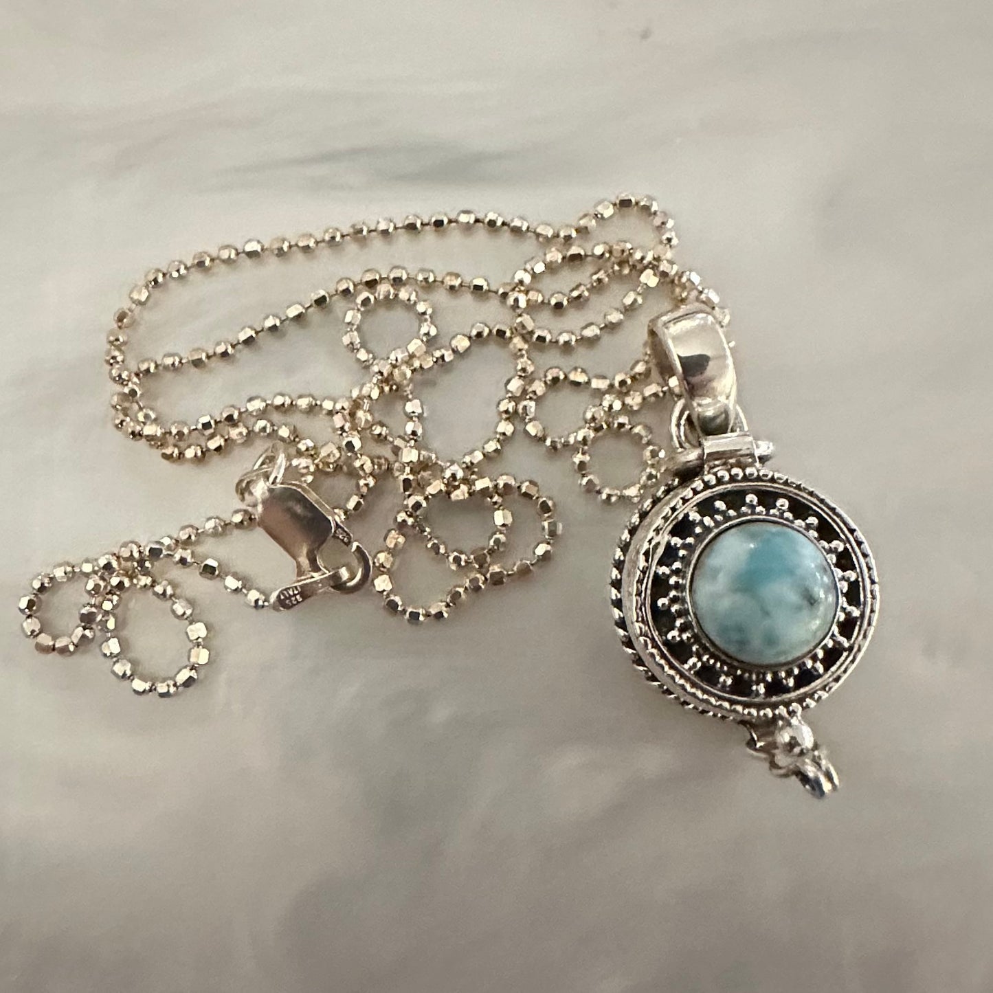 925 Solid Sterling Silver LARIMAR gemstone poison/ keepsake/ pills/ locket/ compartment/ secret/ hidden box pendant for a necklace chain