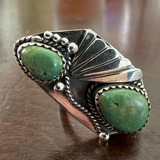 Vintage/antique boho-style Navajo/Native American/Southwestern 925 Solid Sterling Silver green 2-stone KINGMAN TURQUOISE ring size 5.5, 6, 6.5, or 7