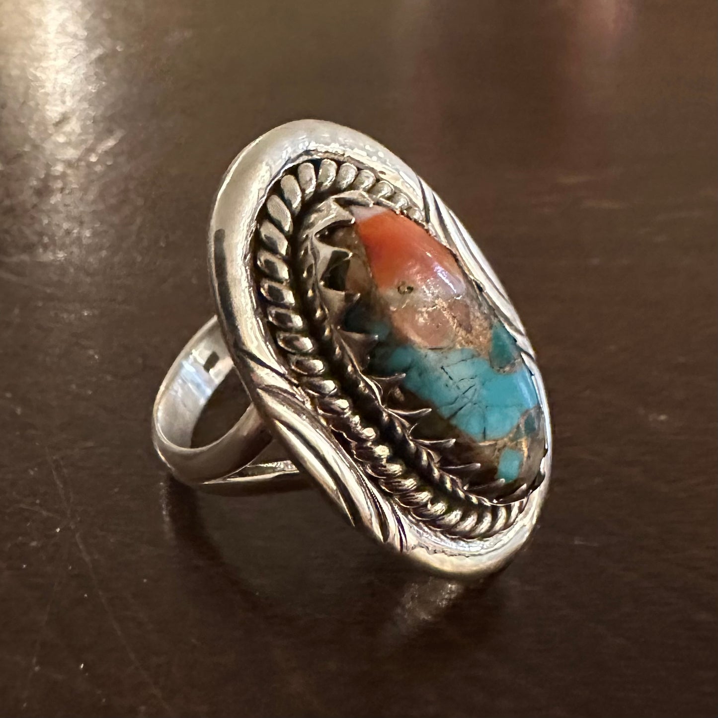 Southwest Pink Dahlia Copper Turquoise 925 Sterling Silver Ring size 7, 7.5, 8