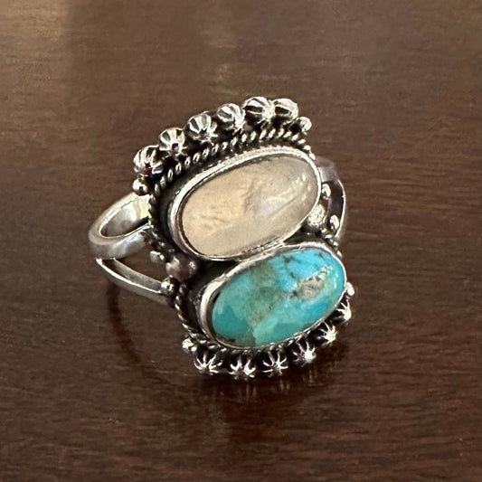 925 solid sterling silver MOONSTONE & TURQUOISE gemstone 2-stone filigree ring size 6, 7, 8, 9, 10