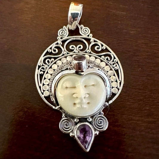 Stunning unique exotic hand-crafted artisanal solid 925 sterling silver Balinese carved bone face necklace pendant with faceted/cut Amethyst gemstones