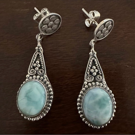 Hand-crafted Balinese (Indonesian) artisan-made 925 Solid Sterling  Silver Filigree dangle/stud earrings with LARIMAR gemstones